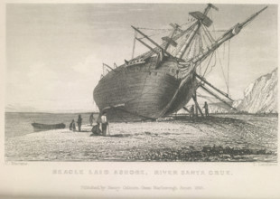 Beagle laid ashore, River Santa Cruz, 1834 (1839).  Creator: Thomas Landseer.