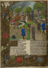Lutenist and singers in a walled garden, the Lover and Dame Oyseuse..., 1490-1500. Creator: Unknown.