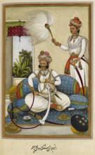Portrait of Maharana Javan Singh of Udaipur (r.1828-1838), smoking a hookah, 1830. Creator: Anon.