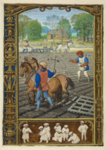 Calendar scene for September: Ploughing, sowing and harrowing, 1520-1530.  Creator: Workshop of Simon Bening.