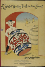 Boy holding a large barrel - book cover, 1900. Creator: Lothar Meggendorfer.