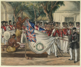 Hindu priest garlanding the flags of the 35th Bengal Light Infantry, c1847.  Creator: Unknown.