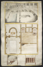 View and plans of the Roman baths at Bath, co. Somerset..., 1762. Creator: William Hoare.