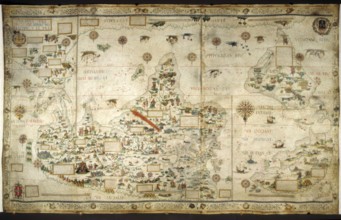[Whole map] Desceliers map of the world; with illuminated borders..., 1550. Creator: Pierre Desceliers.