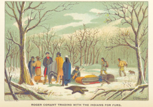 Roger Conant trading with the Indians for furs, 1898.  Creator: Unknown.