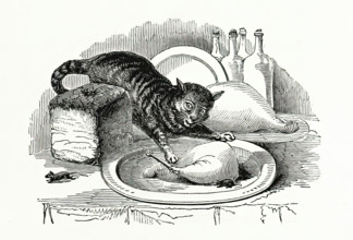 Cat stealing meat from a plate, 1847.  Creator: Unknown.