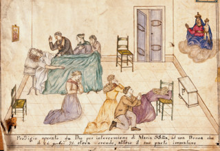 Four people praying to Sansovino's Virgin and Child for a woman in premature childbirth, 1871. Creator: Unknown.