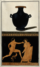 Above, a black Greek water-jug (hydria); below, detail of decoration showing a naked..., 1760-69. Creator: Augustin Dahlsteen.