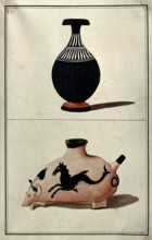 Above, a black Greek vase (perfume bottle?); below, vessel in the form of an animal, 1760-1769. Creator: Augustin Dahlsteen.