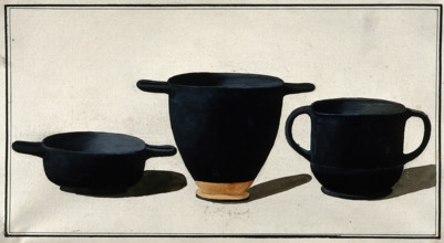 Black Greek drinking cups; left, shallow cup with horizontal handles; middle, tall cup..., 1760-9. Creator: Augustin Dahlsteen.