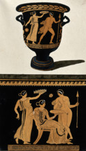 Above, red-figured Greek wine bowl (bell krater); below, detail of decoration showing a..., 1760-9. Creator: Augustin Dahlsteen.