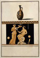Above, red-figured Greek perfume vessel (lekythos) decorated with figures and a palm..., 1760-9. Creator: Augustin Dahlsteen.