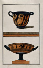 Above, black ground two-handled red-coloured Greek cup (kylix) decorated with an owl..., 1760-9. Creator: Augustin Dahlsteen.