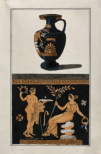 Above, red-figured Greek water jar (hydria); below, detail of decoration showing a seated..., 1760-9 Creator: Augustin Dahlsteen.