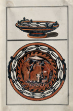 Above, red-figured Greek cup (kylix?); below, detail of decoration showing an outdoor..., 1760-9. Creator: Augustin Dahlsteen.