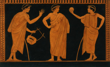 Detail of decoration of a red-figured Greek vessel showing three youths, one holding..., 1760-9. Creator: Augustin Dahlsteen.