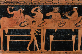 An episode on a Greek red-figured wine-mixing bowl (bell-krater): four reclining..., 1760-9. Creator: Augustin Dahlsteen.