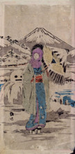 A Japanese woman standing in the snow, between 1800 and 1899. Creator: Unknown.