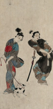 A Japanese woman taking a dog for a walk compared with an effeminate samurai, between 1800 and 1899. Creator: Unknown.