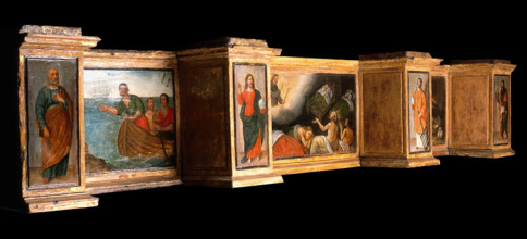Predella with three scenes of St Roch, and figures of St Peter, Christ as Salvator Mundi... Creator: Unknown.