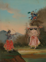 Rama (left) and Hanuman (above, right) fighting the demon Ravana (right). Creator: Unknown.