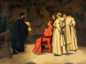 Gabriel Falloppius [Fallopius] explaining one of his discoveries to the Cardinal Duke of Ferrara. Creator: Francis Barraud.