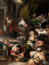 The birth of the Virgin. Creator: Bassano, Francesco da Ponte, 1549-1592 (Follower of).
