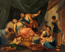 The birth of Benjamin and the death of Rachel. Creator: Giambettino Cignaroli.
