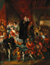 The birth of Henri IV at the castle of Pau, 1800-1899. Creator: Eugene Deveria.