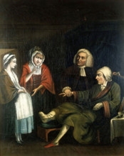 A physician (William Cullen?) taking the pulse of a gouty bachelor..., c1770s. Creator: Unknown.