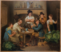 Interior with two men playing cards and four other figures. Creator: Stephen Jenner.