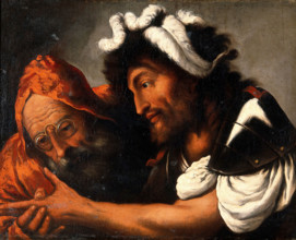 A fortune-teller reading the palm of a soldier, 1600-1699. Creator: Pietro della Vecchia.