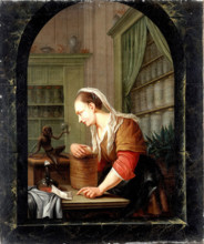 A woman in a pharmacy with a urine flask and a monkey holding an empty flask at a casement, 1780. Creator: Jacob Toorenvliet.