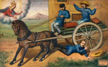 A man praying to the Virgin as he is run over by a horse-drawn cart carrying textiles. Creator: Unknown.