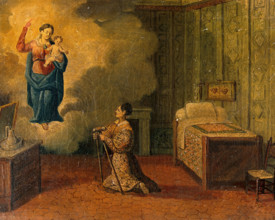 Votive picture: a woman kneeling with crutches, praying to the Virgin and Child. Creator: Unknown.