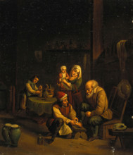 Interior with a surgeon attending to a man's foot, and three other figures, c1680s. Creators: Unknown, Follower of David Teniers II.