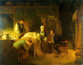 Anxious moments: a sick child, its grieving parents, a nursemaid and a medical practitioner, 1894. Creator: John Whitehead Walton.