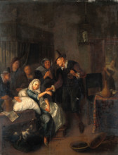 A medical practitioner taking a girl's pulse and holding a flask of her urine, with four other... Creator: Brakenburg, Richard, 1650-1702 (After).