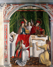 A verger's dream: Saints Cosmas and Damian performing a miraculous cure by transplant..., 1495. Creator: Master of Balbases.