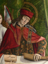 A verger's dream: Saints Cosmas and Damian performing a miraculous cure by transplant..., 1495. Creator: Master of Balbases.
