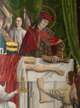 A verger's dream: Saints Cosmas and Damian performing a miraculous cure by transplant..., 1495. Creator: Master of Balbases.