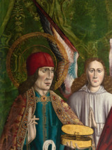 A verger's dream: Saints Cosmas and Damian performing a miraculous cure by transplant..., (1495?). Creator: Master of Balbases.