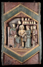 A medical practitioner examining urine brought by his patients. Painted relief after Nino Pisano.. Creator: Pisano, Nino, approximately 1315-approximately 1368 (After).
