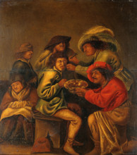 An operator extracting "pierres de tête" from behind a man's ear, with four other people in... Creator: Quast, Pieter Jansz., 1606-1647 (Follower of).