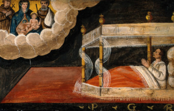 A man in bed praying to the Virgin and Child and two Franciscan saints. Creator: Unknown.