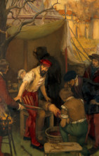 Ambroise Paré using the ligature when amputating at the siege of Damvillers, 1552, c1912. Creator: Ernest Board.