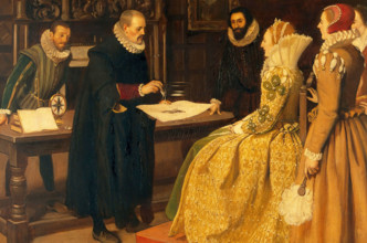 William Gilbert demonstrating the magnet before Queen Elizabeth, 1598, c1912. Creator: Ernest Board.
