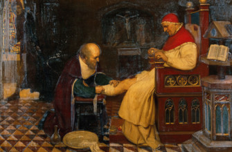 Guy de Chauliac bandaging the leg of Pope Clement VI at Avignon, while Petrarch..., c1348, 1931. Creator: Ernest Board.