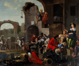 A barber and a surgeon attending to soldiers, c1680s. Creator: Unknown.