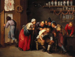A surgeon removing a plaster from a man's back, with five people looking on, 1647/1667. Creator: Adriaen Rombouts.